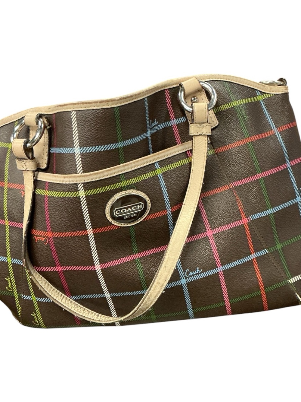 COACH Brown Plaid Shoulder Bag with Multicolor Stripes